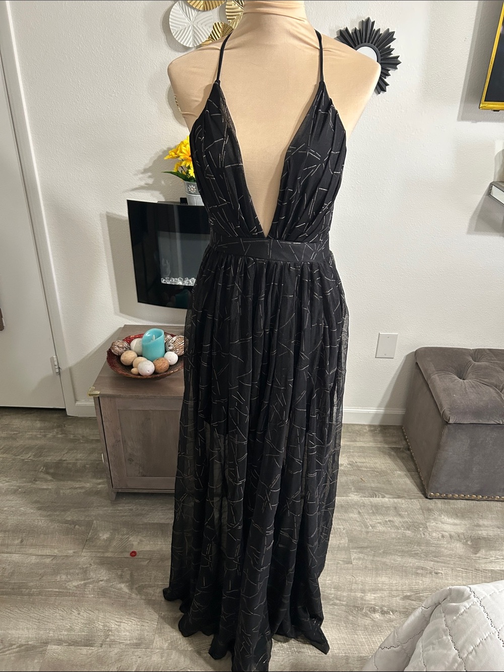 Luxxel ❤️Black Plunge Halter Maxi Dress with Silver Stitching